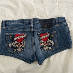 Ed Hardy Blue Jean Shorts with Red Heart Design